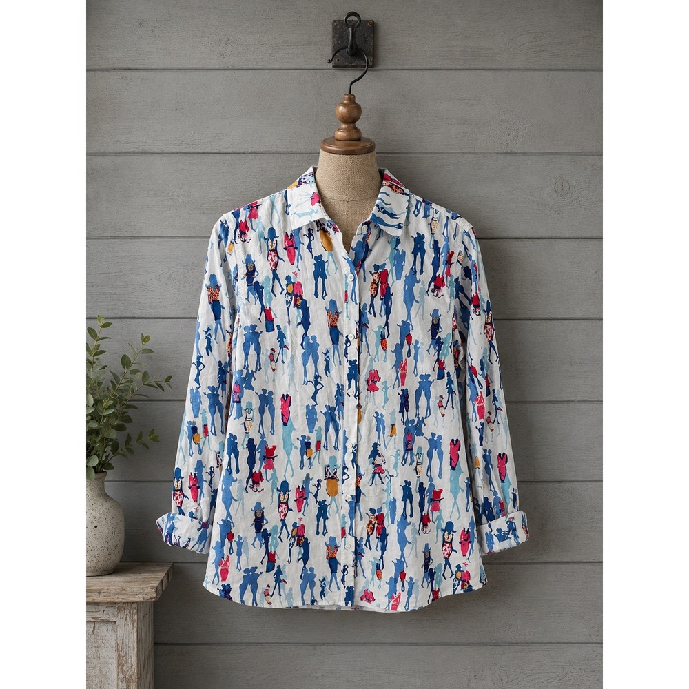 J.McLaughlin Button‎ Down Shirt Women S White Multi Novelty People Print